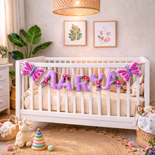 Load image into Gallery viewer, Butterfly and Flower theme Pearl embellished Alphabet Name Bunting