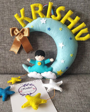 Load image into Gallery viewer, Personalized name bunting. Name bunting for nursery. Name bunting for bedroom. Felt name bunting. Children name bunting. Superhero bunting. Handmade gifts. Handmade bunting. Personalized décor. Nursery decoration. Nursery ideas. Moon wall décor. Moon decorations. Moon wall hanging.