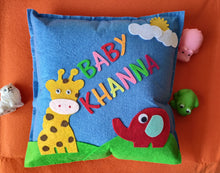 Load image into Gallery viewer, Felt cushion cover, felt pillow cover, cow pillow, cow cushion, felt cushion, personalized pillow, personalized cushion , personalized name cushion, personalized pillow with name , customize pillow, customize cushion , pillow for kids, pillow for baby head, Elephant pillow, Giraffe pillow