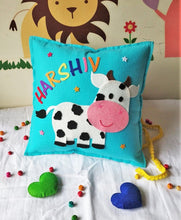 Load image into Gallery viewer, Felt cushion cover, felt pillow cover, cow pillow, cow cushion, felt cushion, personalized pillow, personalized cushion , personalized name cushion, personalized pillow with name , customize pillow, customize cushion , pillow for kids, pillow for baby head , blue pillow, pastel shade pillow, gift for boys, pillow for him