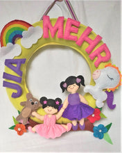 Load image into Gallery viewer, Personalized name bunting. Name bunting for nursery. Name bunting for bedroom. Felt name bunting. Children name bunting. Handmade gifts. Handmade bunting. Personalized décor. Nursery decoration. Nursery ideas. Moon wall décor. Pastel Wall décor. felt sibling wreath. sibling door hanging.