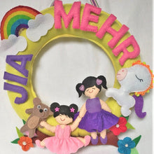 Load image into Gallery viewer, Personalized name bunting. Name bunting for nursery. Name bunting for bedroom. Felt name bunting. Children name bunting. Handmade gifts. Handmade bunting. Personalized décor. Nursery decoration. Nursery ideas. Moon wall décor. Pastel Wall décor. felt sibling wreath. sibling door hanging.