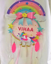 Load image into Gallery viewer, dream catcher. felt dream catcher. unicorn dream catcher.Personalized name bunting. Name bunting for nursery. Name bunting for bedroom. Felt name bunting. Children name bunting. Handmade gifts. Handmade bunting. Personalized décor. Nursery decoration. Nursery ideas. Moon wall décor. Pastel Wall décor.