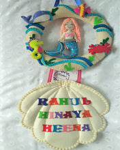 Load image into Gallery viewer, Personalized name bunting. Name bunting for nursery. Name bunting for bedroom. Felt name bunting. Children name bunting. Handmade gifts. Handmade bunting. Personalized décor. Nursery decoration. Nursery ideas. Moon wall décor. Pastel Wall décor. Mermaid Theme Bunting. Felt Mermaid.