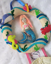 Load image into Gallery viewer, Personalized name bunting. Name bunting for nursery. Name bunting for bedroom. Felt name bunting. Children name bunting. Handmade gifts. Handmade bunting. Personalized décor. Nursery decoration. Nursery ideas. Moon wall décor. Pastel Wall décor. Mermaid Name Bunting. Mermaid Theme Bunting. Felt Mermaid