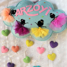 Load image into Gallery viewer, Personalized name bunting. Name bunting for nursery. Name bunting for bedroom. Felt name bunting. Children name bunting. Handmade gifts. Handmade bunting. Personalized décor. Nursery decoration. Nursery ideas. Moon wall décor. Moon wall hanging. Dancing Fairy Wall Hanging. Pastel Wall décor