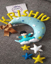 Load image into Gallery viewer, Personalized name bunting. Name bunting for nursery. Name bunting for bedroom. Felt name bunting. Children name bunting. Superhero bunting. Handmade gifts. Handmade bunting. Personalized décor. Nursery decoration. Nursery ideas. Moon wall décor. Moon decorations. Moon wall hanging.