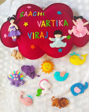 Load image into Gallery viewer, sibling bunting. sibling door hanging. cloud hanging. felt sibling bunting.Personalized name bunting. Name bunting for nursery. Name bunting for bedroom. Felt name bunting. Children name bunting. Handmade gifts. Handmade bunting. Personalized décor. Nursery decoration. Nursery ideas. Moon wall décor. Pastel Wall décor.
