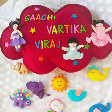 Load image into Gallery viewer, sibling bunting. sibling door hanging. cloud hanging. felt sibling bunting.Personalized name bunting. Name bunting for nursery. Name bunting for bedroom. Felt name bunting. Children name bunting. Handmade gifts. Handmade bunting. Personalized décor. Nursery decoration. Nursery ideas. Moon wall décor. Pastel Wall décor.