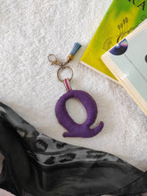 Load image into Gallery viewer, Key ring bag charm. Cute bag charm with stuffed alphabet. Hand bag charms. Felt bag charm. Unusual bag charm. Pink bag charm. Bag charm with lobster claw clip. Luxury bag charm. Tessel bag charm.