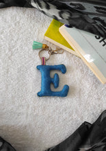Load image into Gallery viewer, Key ring bag charm. Cute bag charm with stuffed alphabet. Hand bag charms. Felt bag charm. Unusual bag charm. Pink bag charm. Bag charm with lobster claw clip. Luxury bag charm. Tessel bag charm.