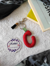 Load image into Gallery viewer, Key ring bag charm. Cute bag charm with stuffed alphabet. Hand bag charms. Felt bag charm. Unusual bag charm. Pink bag charm. Bag charm with lobster claw clip. Luxury bag charm. Tessel bag charm.