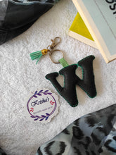 Load image into Gallery viewer, Key ring bag charm. Cute bag charm with stuffed alphabet. Hand bag charms. Felt bag charm. Unusual bag charm. Pink bag charm. Bag charm with lobster claw clip. Luxury bag charm. Tessel bag charm.