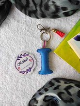 Load image into Gallery viewer, Key ring bag charm. Cute bag charm with stuffed alphabet. Hand bag charms. Felt bag charm. Unusual bag charm. Pink bag charm. Bag charm with lobster claw clip. Luxury bag charm. Tessel bag charm.
