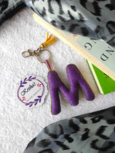 Load image into Gallery viewer, Key ring bag charm. Cute bag charm with stuffed alphabet. Hand bag charms. Felt bag charm. Unusual bag charm. Pink bag charm. Bag charm with lobster claw clip. Luxury bag charm. Tessel bag charm.