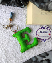 Load image into Gallery viewer, Key ring bag charm. Cute bag charm with stuffed alphabet. Hand bag charms. Felt bag charm. Unusual bag charm. Pink bag charm. Bag charm with lobster claw clip. Luxury bag charm. Tessel bag charm.