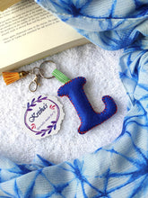 Load image into Gallery viewer, Key ring bag charm. Cute bag charm with stuffed alphabet. Hand bag charms. Felt bag charm. Unusual bag charm. Pink bag charm. Bag charm with lobster claw clip. Luxury bag charm. Tessel bag charm.