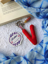 Load image into Gallery viewer, Key ring bag charm. Cute bag charm with stuffed alphabet. Hand bag charms. Felt bag charm. Unusual bag charm. Pink bag charm. Bag charm with lobster claw clip. Luxury bag charm. Tessel bag charm.