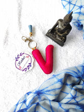 Load image into Gallery viewer, Key ring bag charm. Cute bag charm with stuffed alphabet. Hand bag charms. Felt bag charm. Unusual bag charm. Pink bag charm. Bag charm with lobster claw clip. Luxury bag charm. Tessel bag charm.