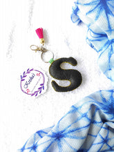 Load image into Gallery viewer, Key ring bag charm. Cute bag charm with stuffed alphabet. Hand bag charms. Felt bag charm. Unusual bag charm. Pink bag charm. Bag charm with lobster claw clip. Luxury bag charm. Tessel bag charm.