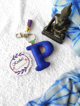 Load image into Gallery viewer, Key ring bag charm. Cute bag charm with stuffed alphabet. Hand bag charms. Felt bag charm. Unusual bag charm. Pink bag charm. Bag charm with lobster claw clip. Luxury bag charm. Tessel bag charm.