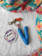 Load image into Gallery viewer, Key ring bag charm. Cute bag charm with stuffed alphabet. Hand bag charms. Felt bag charm. Unusual bag charm. Pink bag charm. Bag charm with lobster claw clip. Luxury bag charm. Tessel bag charm.