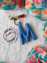 Load image into Gallery viewer, Key ring bag charm. Cute bag charm with stuffed alphabet. Hand bag charms. Felt bag charm. Unusual bag charm. Pink bag charm. Bag charm with lobster claw clip. Luxury bag charm. Tessel bag charm.