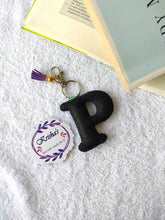 Load image into Gallery viewer, Key ring bag charm. Cute bag charm with stuffed alphabet. Hand bag charms. Felt bag charm. Unusual bag charm. Pink bag charm. Bag charm with lobster claw clip. Luxury bag charm. Tessel bag charm.