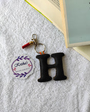 Load image into Gallery viewer, Key ring bag charm. Cute bag charm with stuffed alphabet. Hand bag charms. Felt bag charm. Unusual bag charm. Pink bag charm. Bag charm with lobster claw clip. Luxury bag charm. Tessel bag charm.