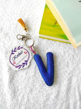 Load image into Gallery viewer, Key ring bag charm. Cute bag charm with stuffed alphabet. Hand bag charms. Felt bag charm. Unusual bag charm. Pink bag charm. Bag charm with lobster claw clip. Luxury bag charm. Tessel bag charm.