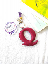 Load image into Gallery viewer, Key ring bag charm. Cute bag charm with stuffed alphabet. Hand bag charms. Felt bag charm. Unusual bag charm. Pink bag charm. Bag charm with lobster claw clip. Luxury bag charm. Tessel bag charm.