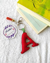 Load image into Gallery viewer, Key ring bag charm. Cute bag charm with stuffed alphabet. Hand bag charms. Felt bag charm. Unusual bag charm. Red bag charm. Bag charm with lobster claw clip. Luxury bag charm. Tessel bag charm.
