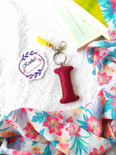 Load image into Gallery viewer, Key ring bag charm. Cute bag charm with stuffed alphabet. Hand bag charms. Felt bag charm. Unusual bag charm. Pink bag charm. Bag charm with lobster claw clip. Luxury bag charm. Tessel bag charm.