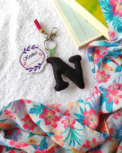 Load image into Gallery viewer, Key ring bag charm. Cute bag charm with stuffed alphabet. Hand bag charms. Felt bag charm. Unusual bag charm. Pink bag charm. Bag charm with lobster claw clip. Luxury bag charm. Tessel bag charm.