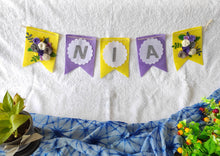 Load image into Gallery viewer, Personalized name bunting. Name bunting for nursery. Name bunting for bedroom. Felt name bunting. Children name bunting. Handmade gifts. Handmade bunting. Personalized décor. Nursery decoration. Nursery ideas. Moon wall décor. Pastel Wall décor. Family Name Hanging. Name Garland. Name Banner. Floral Name Garland.