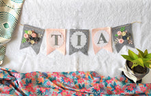 Load image into Gallery viewer, Personalized name bunting. Name bunting for nursery. Name bunting for bedroom. Felt name bunting. Children name bunting. Handmade gifts. Handmade bunting. Personalized décor. Nursery decoration. Nursery ideas. Moon wall décor. Pastel Wall décor. Family Name Hanging. Name Garland. Name Banner. Floral Name Garland.