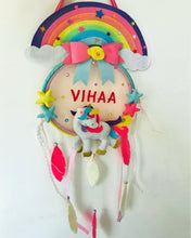 Load image into Gallery viewer, Personalized name bunting. Name bunting for nursery. Name bunting for bedroom. Felt name bunting. Children name bunting. Handmade gifts. Handmade bunting. Personalized décor. Nursery decoration. Nursery ideas. Moon wall décor. Pastel Wall décor. Boho dream catcher. bohemian dream catcher.