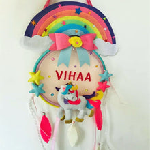 Load image into Gallery viewer, Personalized name bunting. Name bunting for nursery. Name bunting for bedroom. Felt name bunting. Children name bunting. Handmade gifts. Handmade bunting. Personalized décor. Nursery decoration. Nursery ideas. Moon wall décor. Pastel Wall décor. Boho dream catcher. bohemian dream catcher.