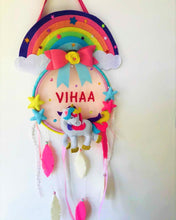 Load image into Gallery viewer, Personalized name bunting. Name bunting for nursery. Name bunting for bedroom. Felt name bunting. Children name bunting. Handmade gifts. Handmade bunting. Personalized décor. Nursery decoration. Nursery ideas. Moon wall décor. Pastel Wall décor.