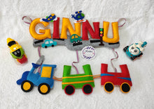 Load image into Gallery viewer, Personalized name bunting. Name bunting for nursery. Name bunting for bedroom. Felt name bunting. Children name bunting. Handmade gifts. Handmade bunting. Personalized décor. Nursery decoration. Nursery ideas. Moon wall décor. Pastel Wall décor. vibrant color décor. bunting for boys. gift for boys. personalized bunting