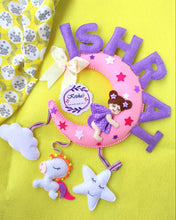 Load image into Gallery viewer, Personalized name bunting. Name bunting for nursery. Name bunting for bedroom. Felt name bunting. Children name bunting. Superhero bunting. Handmade gifts. Handmade bunting. Personalized décor. Nursery decoration. Nursery ideas. Moon wall décor. Moon decorations. Moon wall hanging.