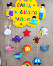 Load image into Gallery viewer, Personalized name bunting. Name bunting for nursery. Name bunting for bedroom. Felt name bunting. Children name bunting. Handmade gifts. Handmade bunting. Personalized décor. Nursery decoration. Nursery ideas. Moon wall décor. Pastel Wall décor.