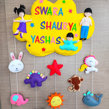 Load image into Gallery viewer, Personalized name bunting. Name bunting for nursery. Name bunting for bedroom. Felt name bunting. Children name bunting. Handmade gifts. Handmade bunting. Personalized décor. Nursery decoration. Nursery ideas. Moon wall décor. Pastel Wall décor.
