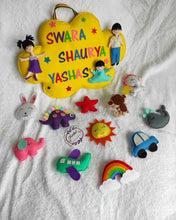 Load image into Gallery viewer, sibling bunting. sibling hanging. door hanging.Personalized name bunting. Name bunting for nursery. Name bunting for bedroom. Felt name bunting. Children name bunting. Handmade gifts. Handmade bunting. Personalized décor. Nursery decoration. Nursery ideas. Moon wall décor. Pastel Wall décor.