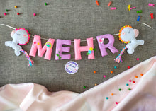 Load image into Gallery viewer, Personalized name bunting. Name bunting for nursery. Name bunting for bedroom. Felt name bunting. Children name bunting. Handmade gifts. Handmade bunting. Personalized décor. Nursery decoration. Nursery ideas. Moon wall décor. Pastel Wall décor, Nursery décor, nursery goals, kids nursery idea, unicorn theme bunting, personalized name bunting