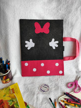 Load image into Gallery viewer, Craft bag. Craft tote. Kraft gift bags. Felt handbag. Felt tote bag. Felt pouch. Felt gift bag. Craft folder. Felt craft folder. Personalized gift. Kids gift. Kids personalized gift. Unique gift. Handmade personalized gift. Handmade gift. Mickey mouse theme folder. Gift for girl. Return gift. Minnie mouse. Black folder. Minnie mouse folder