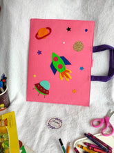 Load image into Gallery viewer, Craft bag. Craft tote. Kraft gift bags. Felt handbag. Felt tote bag. Felt pouch. Felt gift bag. Craft folder. Felt craft folder. Personalized gift. Kids gift. Kids personalized gift. Unique gift. Handmade personalized gift. Handmade gift. Mickey mouse theme folder. Gift for girl. Return gift. space theme folder. blue folder. Space theme folder.