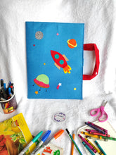 Load image into Gallery viewer, Craft bag. Craft tote. Kraft gift bags. Felt handbag. Felt tote bag. Felt pouch. Felt gift bag. Craft folder. Felt craft folder. Personalized gift. Kids gift. Kids personalized gift. Unique gift. Handmade personalized gift. Handmade gift. Mickey mouse theme folder. Gift for girl. Return gift. space theme folder. blue folder. Space theme folder.