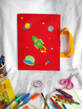 Load image into Gallery viewer, Craft bag. Craft tote. Kraft gift bags. Felt handbag. Felt tote bag. Felt pouch. Felt gift bag. Craft folder. Felt craft folder. Personalized gift. Kids gift. Kids personalized gift. Unique gift. Handmade personalized gift. Handmade gift. Mickey mouse theme folder. Gift for girl. Return gift. space theme folder. blue folder. Space theme folder.