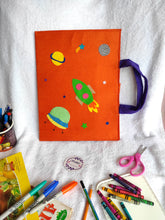 Load image into Gallery viewer, Craft bag. Craft tote. Kraft gift bags. Felt handbag. Felt tote bag. Felt pouch. Felt gift bag. Craft folder. Felt craft folder. Personalized gift. Kids gift. Kids personalized gift. Unique gift. Handmade personalized gift. Handmade gift. Mickey mouse theme folder. Gift for girl. Return gift. space theme folder. blue folder. Space theme folder.